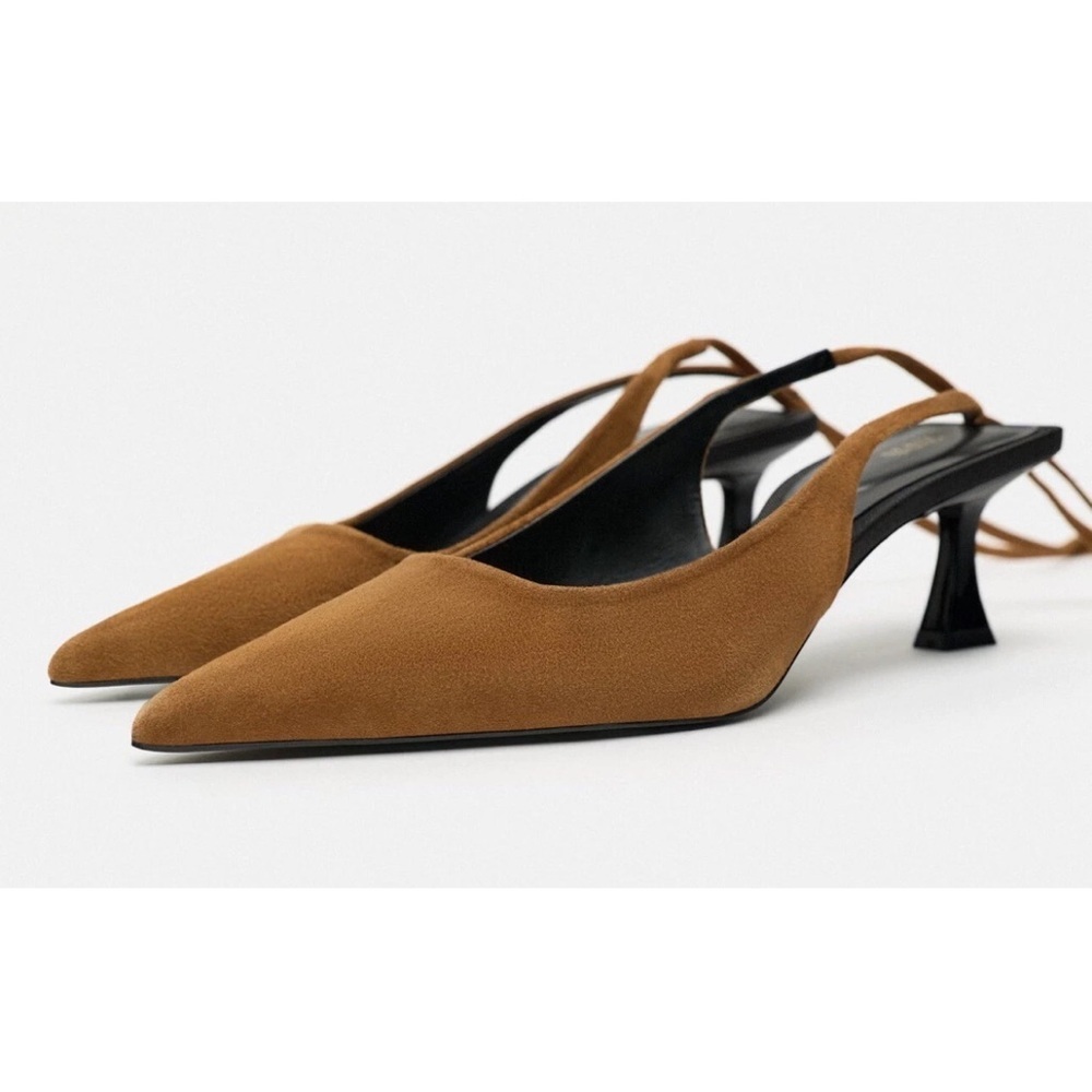 Zara Tan Pointed-Toe Ankle-Tie Slingback Heels - Picture 5 of 5